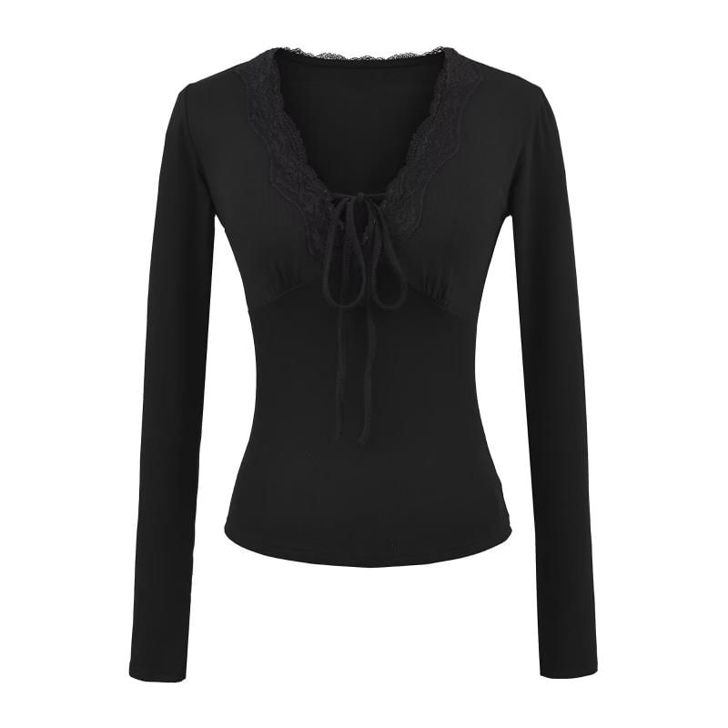 Long-Sleeve V-Neck Plain Lace Trim Tee