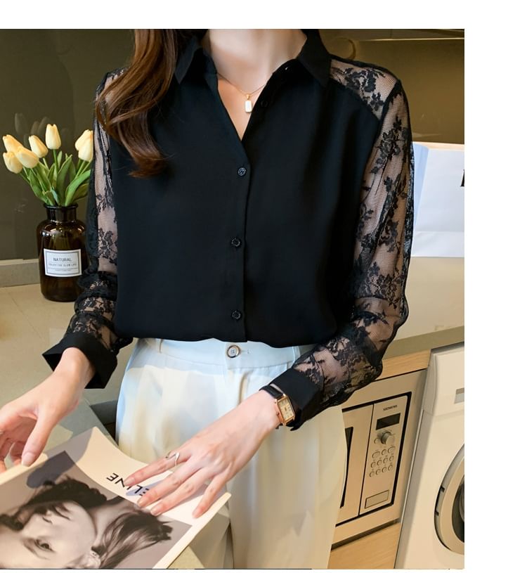 Long Sleeve Collared Plain Panel Lace Shirt