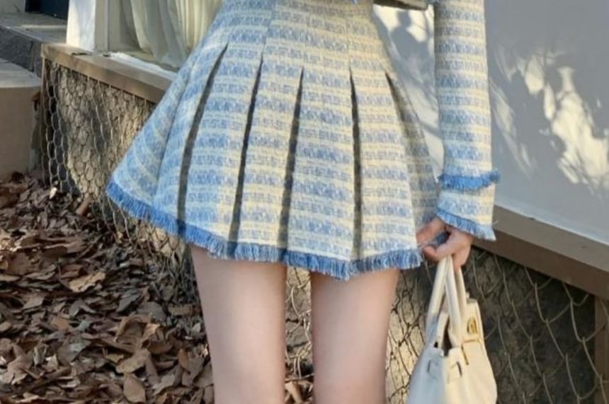 Set: Plaid Tweed Button-Up Crop Jacket + Mini Pleated Skirt