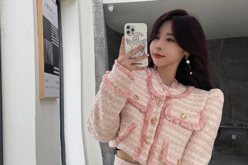 Set: Plaid Tweed Button-Up Crop Jacket + Mini Pleated Skirt