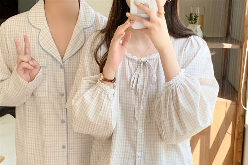 Matching Couple Blouse & Pants Set with Lace Trim