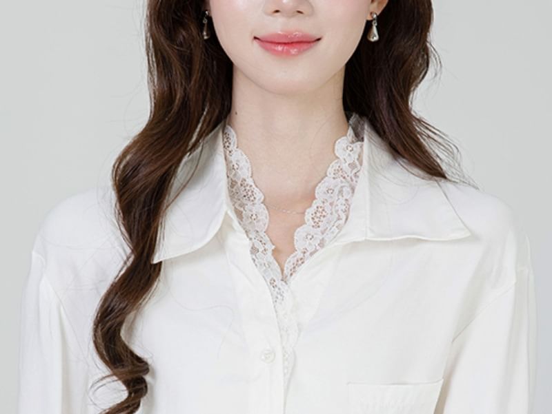 Collared Long-Sleeve Button Up Shirt with Lace Trim