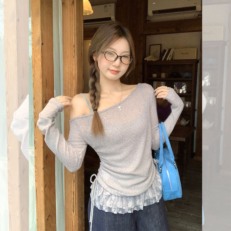 Scoop Neck Lace Panel Camisole + Off-Shoulder Sheer Drawstring Top