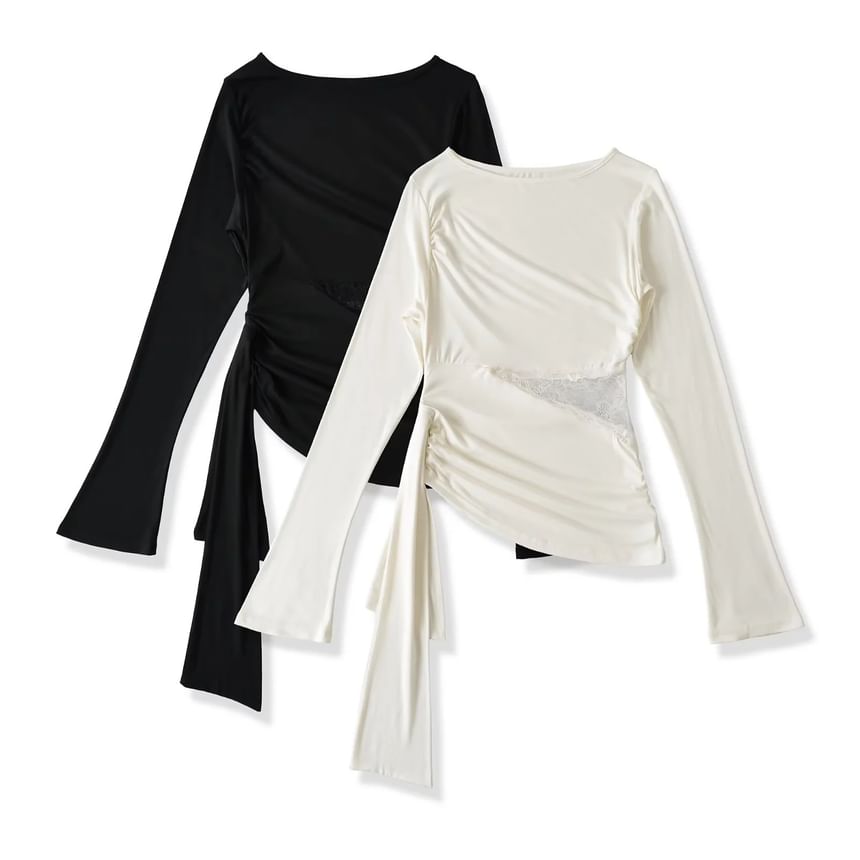Long-Sleeve Round Neck Asymmetrical Lace Panel Ruched Sheer T-Shirt