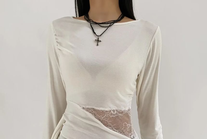 Long-Sleeve Round Neck Asymmetrical Lace Panel Ruched Sheer T-Shirt