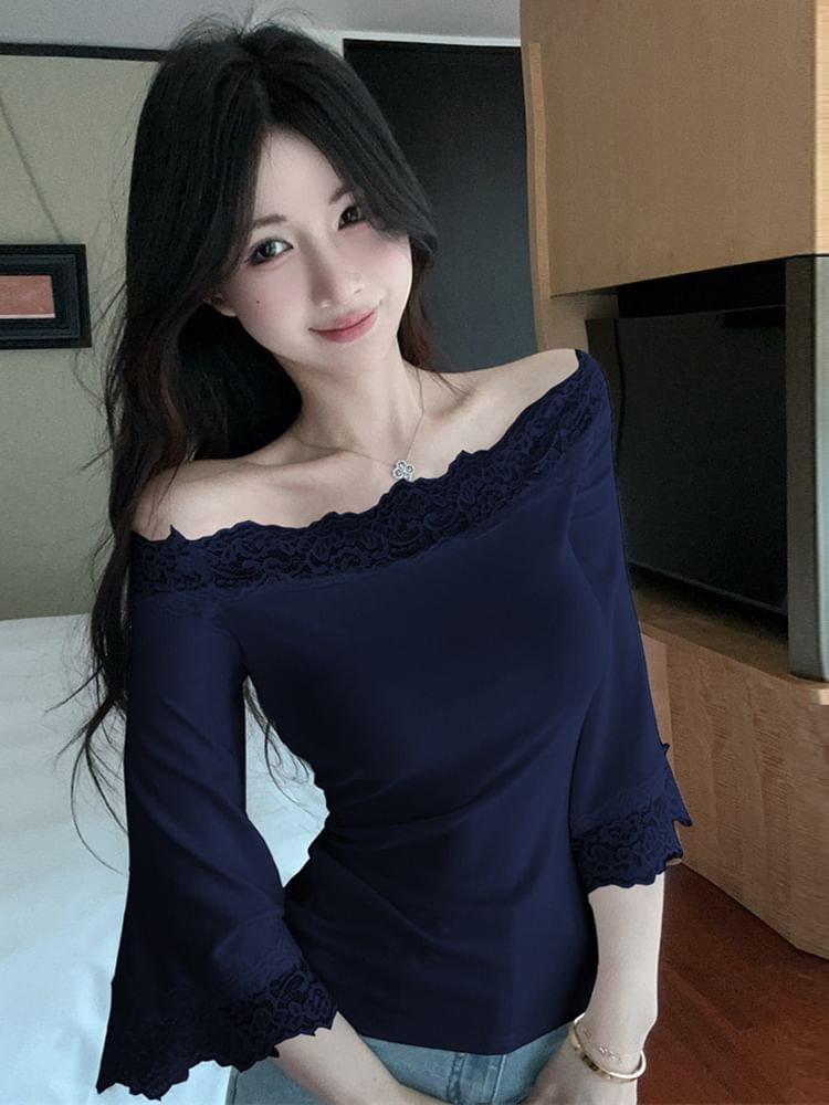 3/4-Sleeve Off-Shoulder Lace Panel Slim Fit Top