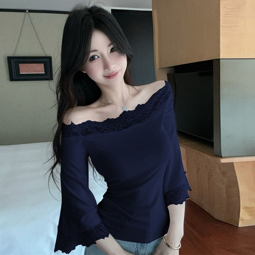3/4-Sleeve Off-Shoulder Lace Panel Slim Fit Top