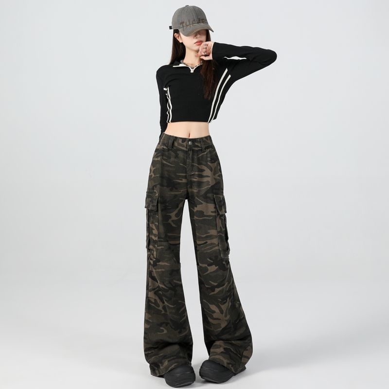 High Waist Camouflage Print Flared Cargo Pants (Various Designs)