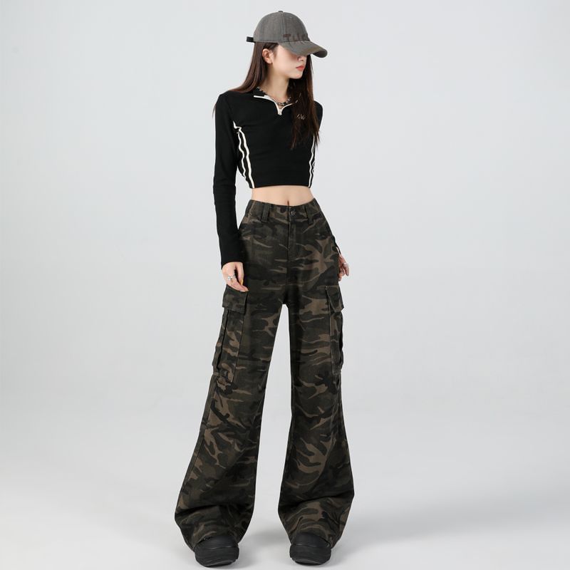 High Waist Camouflage Print Flared Cargo Pants (Various Designs)