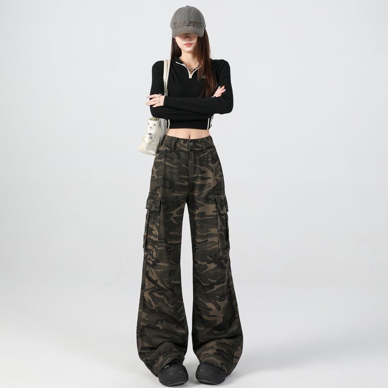 High Waist Camouflage Print Flared Cargo Pants (Various Designs)