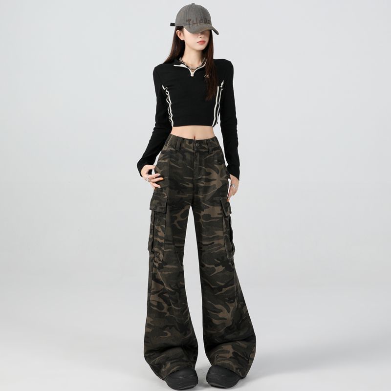 High Waist Camouflage Print Flared Cargo Pants (Various Designs)