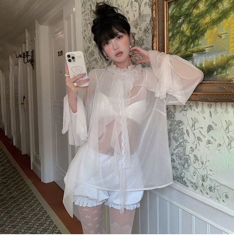 Flared-Sleeve Mock Neck Ruffle Sheer Blouse with Lace Trim