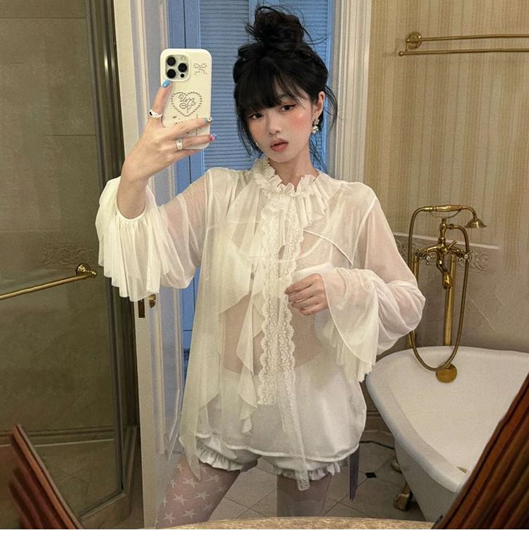 Flared-Sleeve Mock Neck Ruffle Sheer Blouse with Lace Trim