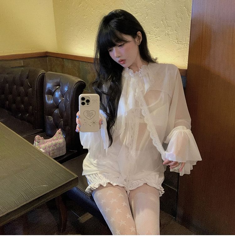Flared-Sleeve Mock Neck Ruffle Sheer Blouse with Lace Trim