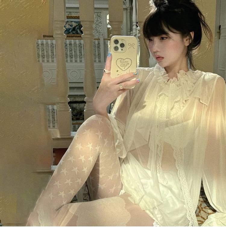 Flared-Sleeve Mock Neck Ruffle Sheer Blouse with Lace Trim
