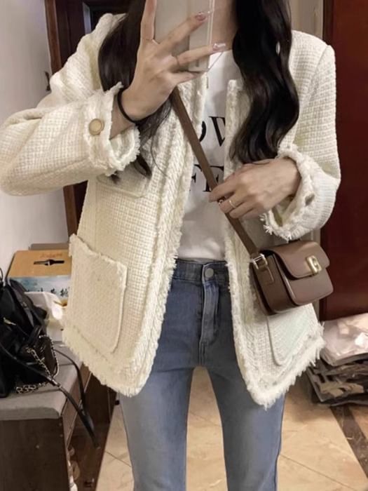 Crew Neck Plain Frayed Open Front Tweed Jacket