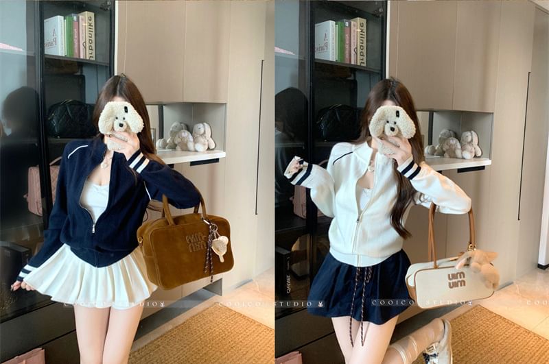 Stand Collar Two Tone Zip Cardigan