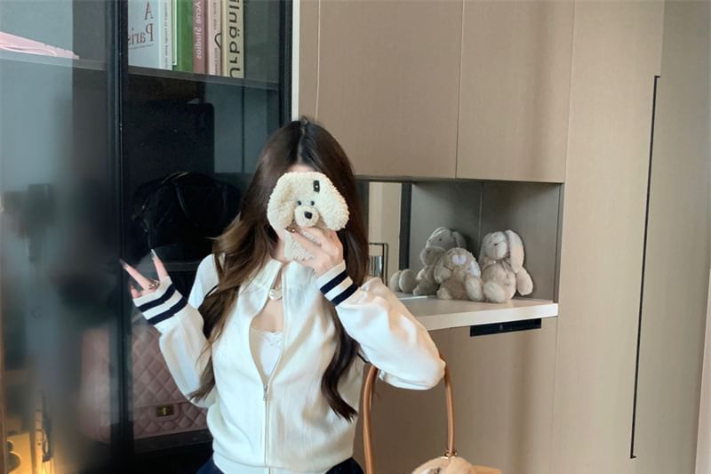Stand Collar Two Tone Zip Cardigan