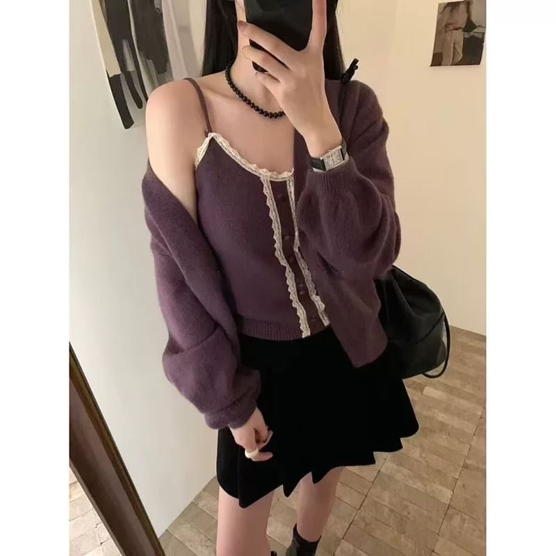 Set: Lace Trim Knit Cami Top & Cardigan