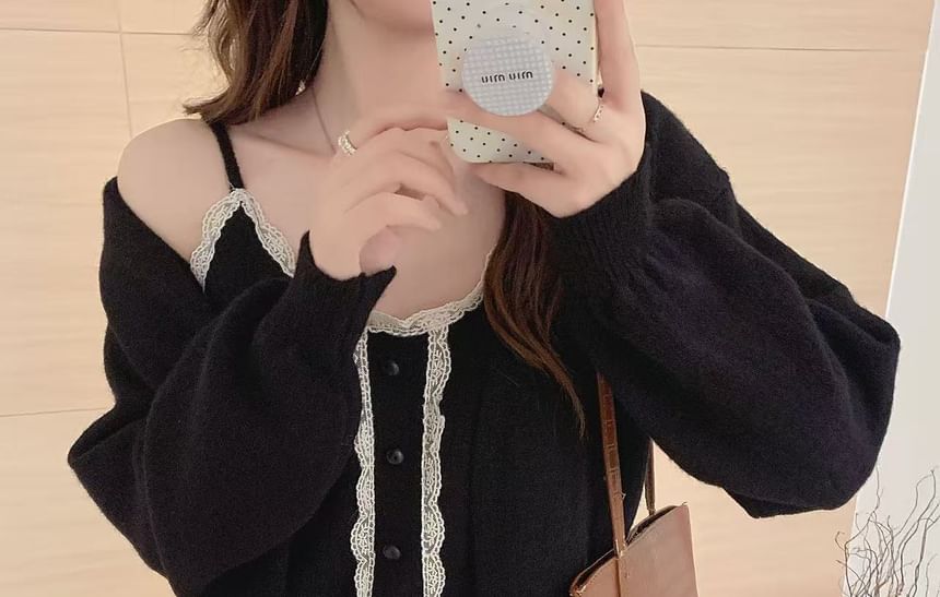 Set: Lace Trim Knit Cami Top & Cardigan