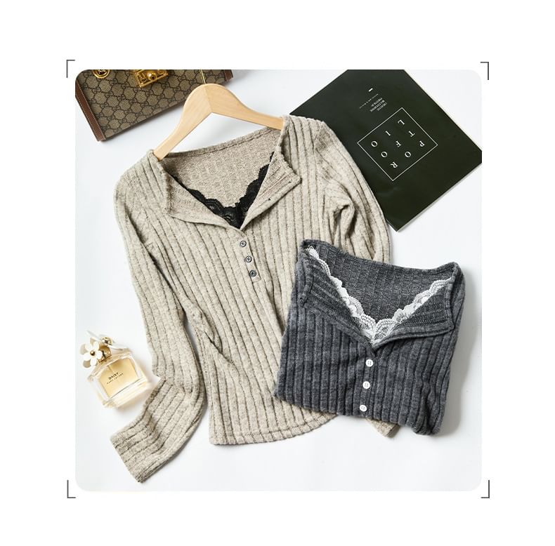 Mock Two-Piece Henley Ribbed Tee with Lace Panel
