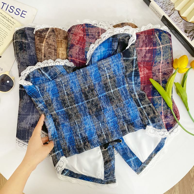 Plaid Lace Trim Tube Top