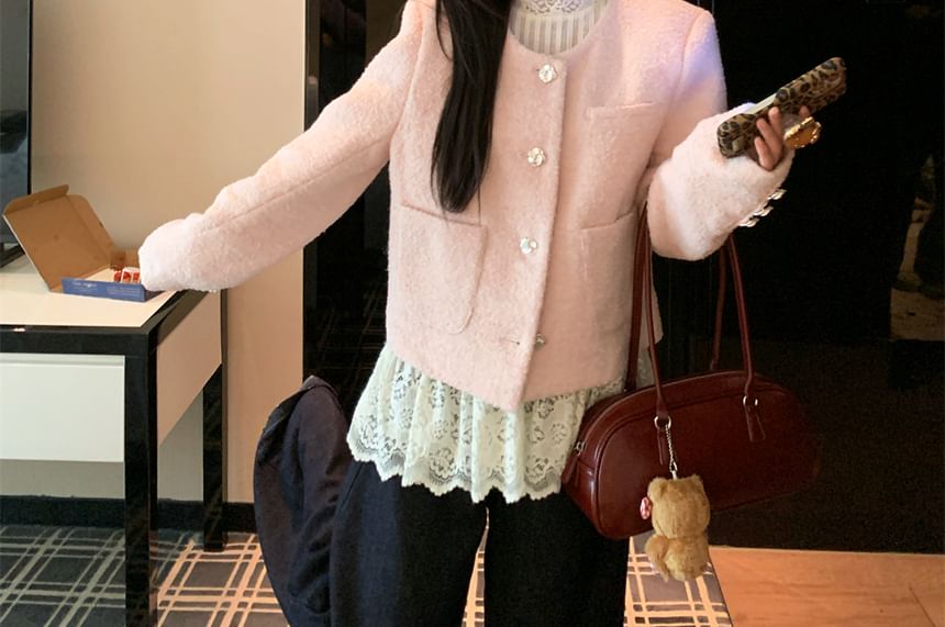 Round Neck Button Jacket & Stand Collar Lace Top