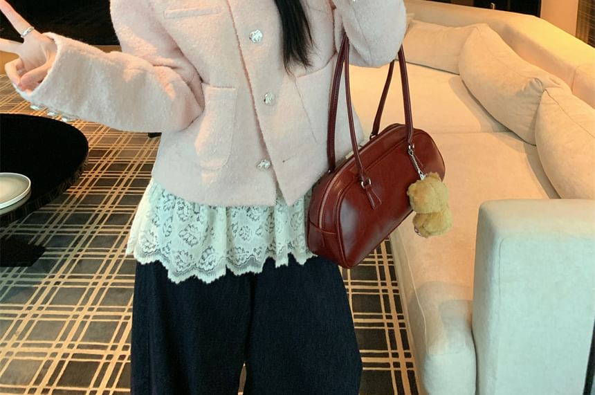 Round Neck Button Jacket & Stand Collar Lace Top