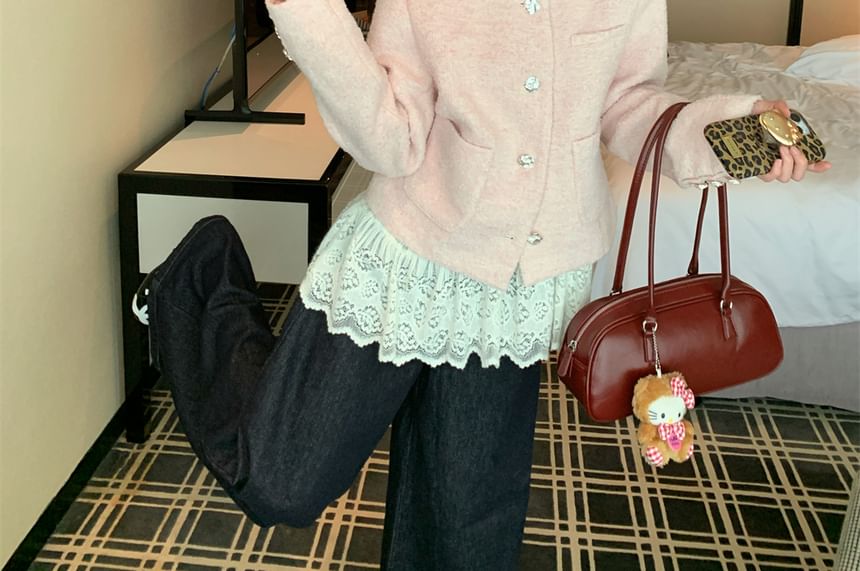 Round Neck Button Jacket & Stand Collar Lace Top
