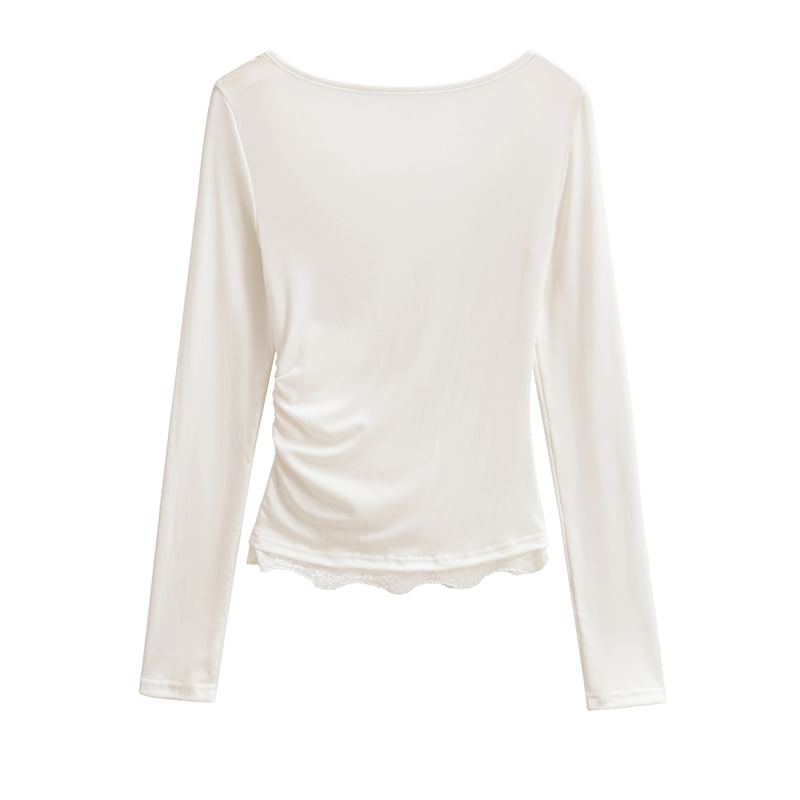Cowl Neck Long-Sleeve Tee with Lace Trim