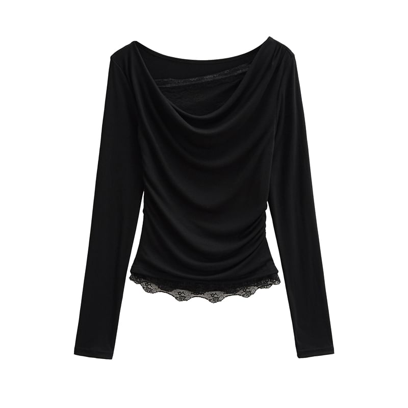 Cowl Neck Long-Sleeve Tee with Lace Trim