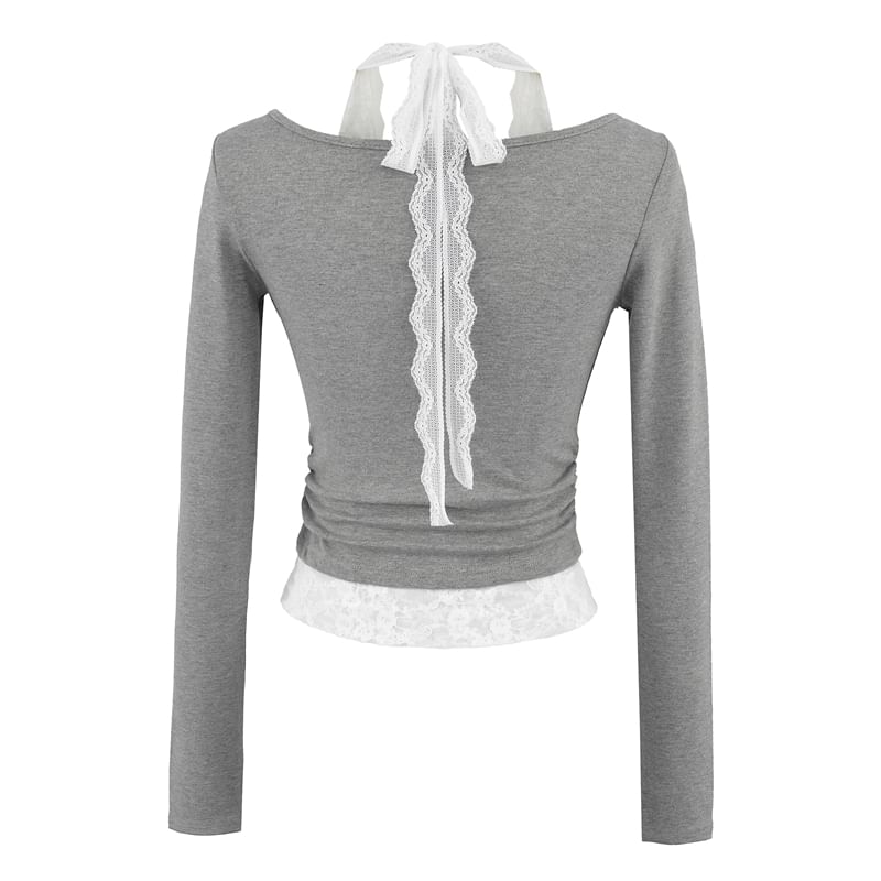 Scoop Neck Long-Sleeve Tee with Lace Trim
