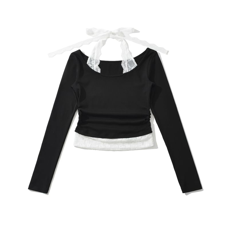 Scoop Neck Long-Sleeve Tee with Lace Trim