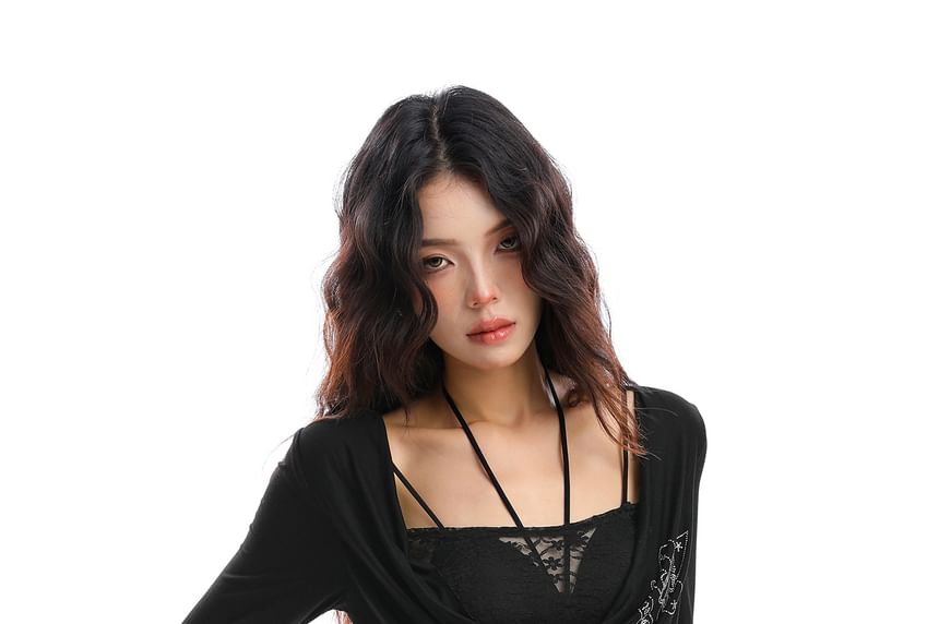 Halter Cowl Neck Ruched Tee with Lace Panel
