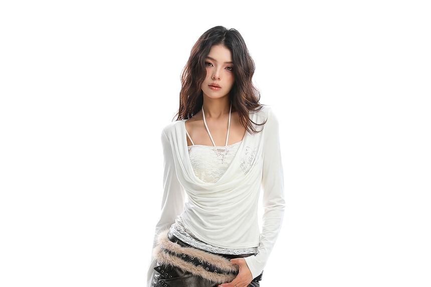 Halter Cowl Neck Ruched Tee with Lace Panel