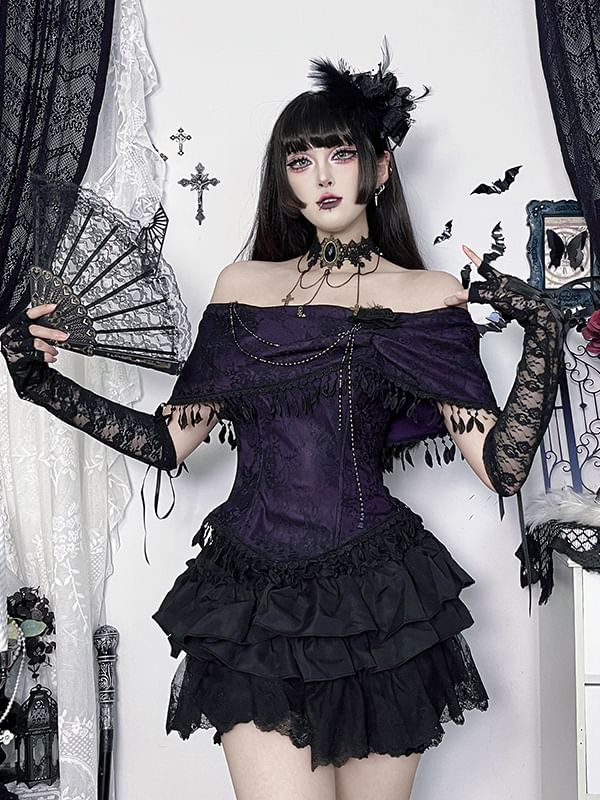 Short-Sleeve Off Shoulder Lace Trim Top and High Waist Skorts