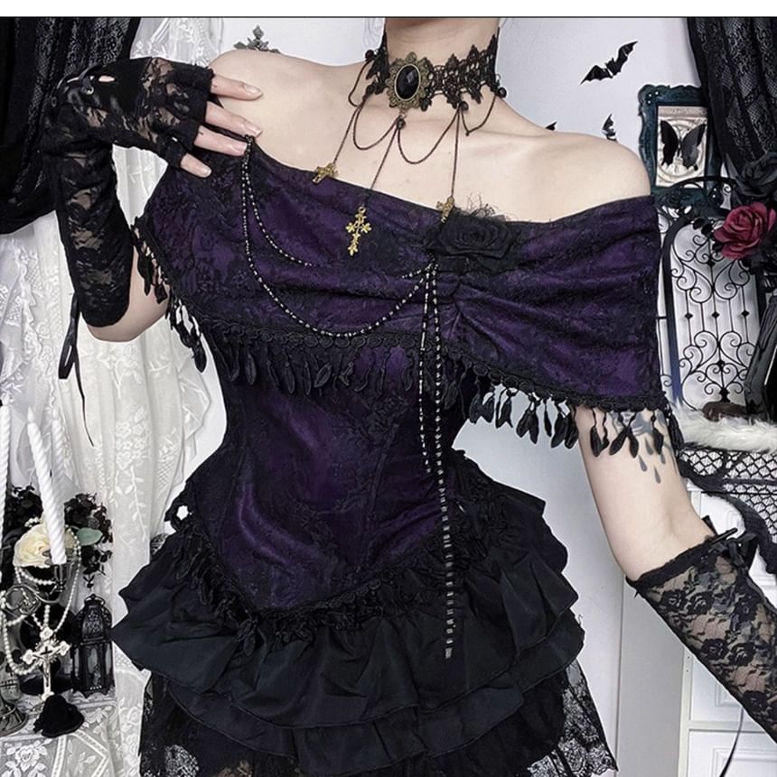 Short-Sleeve Off Shoulder Lace Trim Top and High Waist Skorts