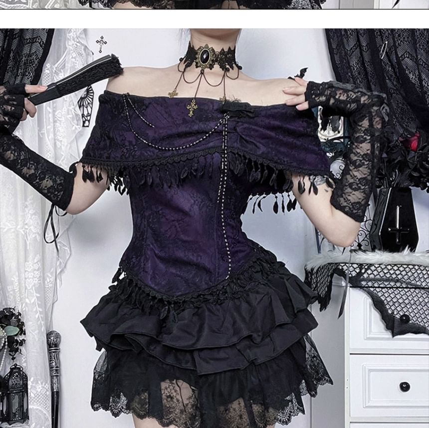 Short-Sleeve Off Shoulder Lace Trim Top and High Waist Skorts