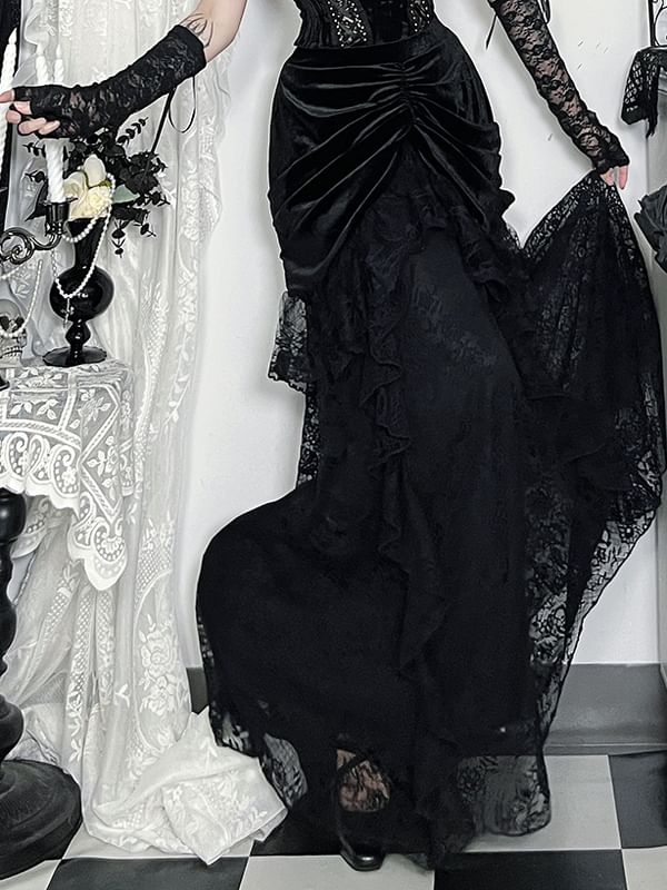 Halter Neck Lace Bustier & High Waist Maxi A-Line Skirt