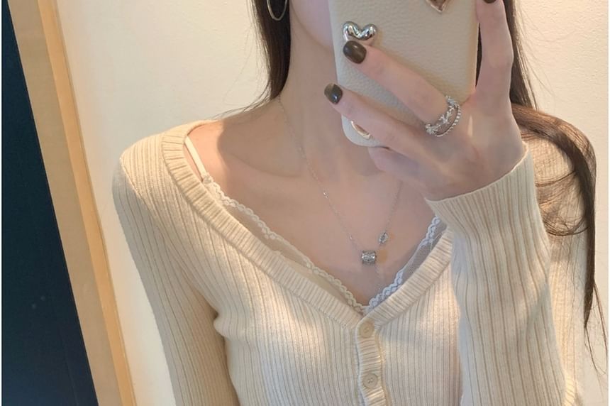 V-Neck Henley Ribbed Knit Top & Padded Lace Camisole