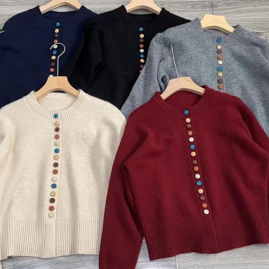 Crewneck Button-Front Knit Cardigan