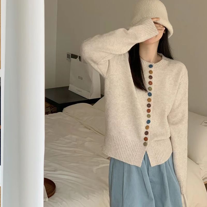 Crewneck Button-Front Knit Cardigan