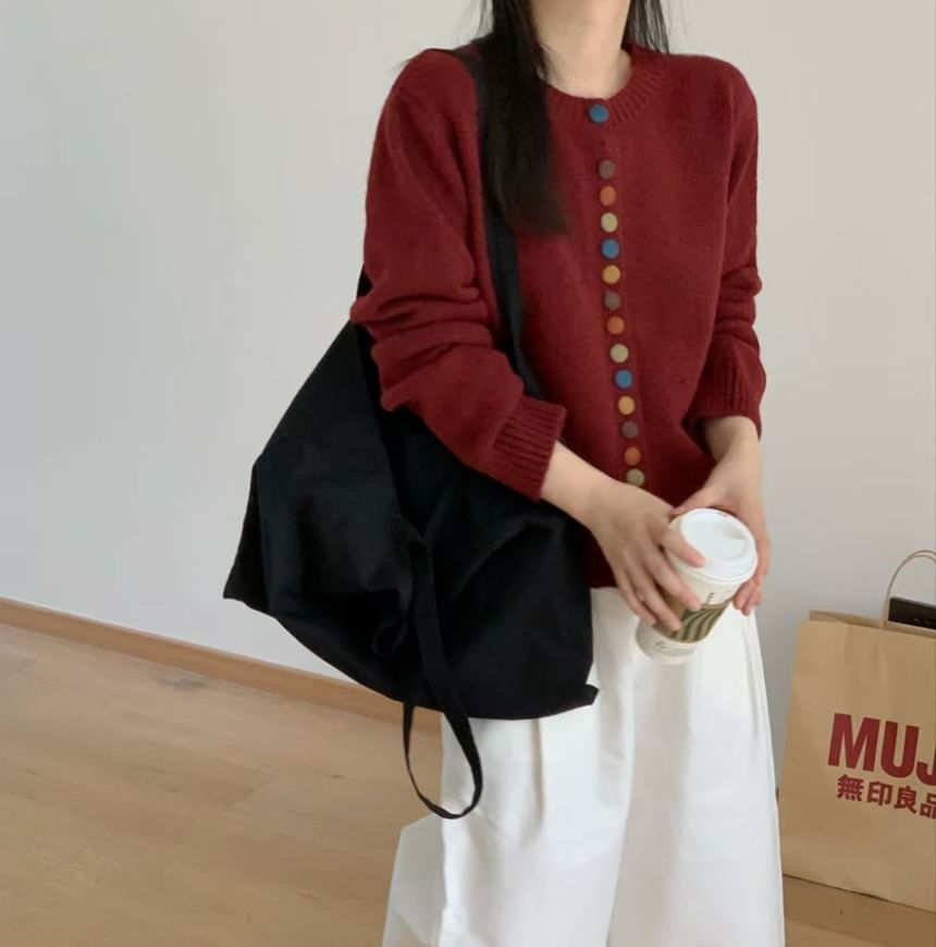 Crewneck Button-Front Knit Cardigan