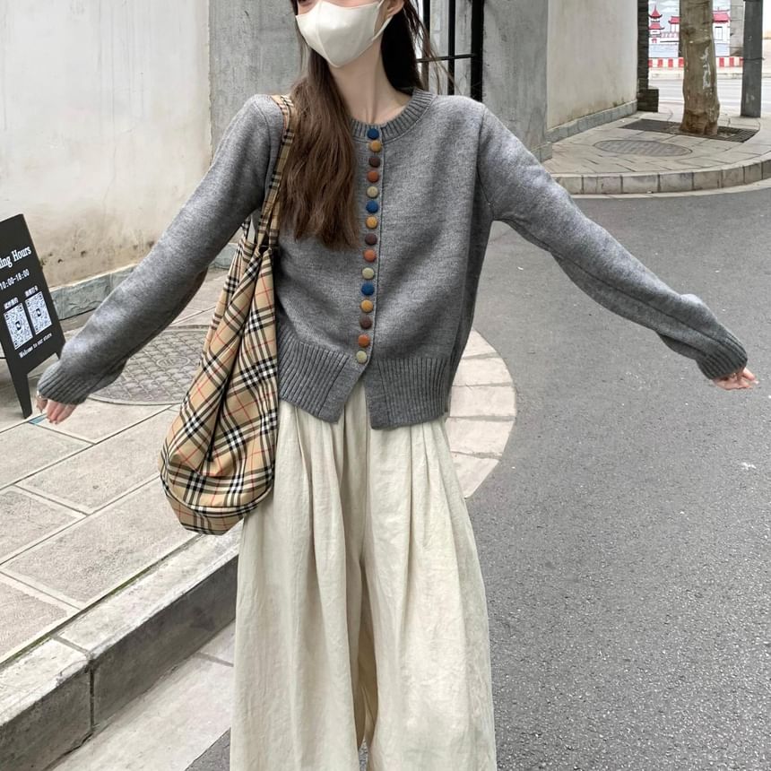 Crewneck Button-Front Knit Cardigan