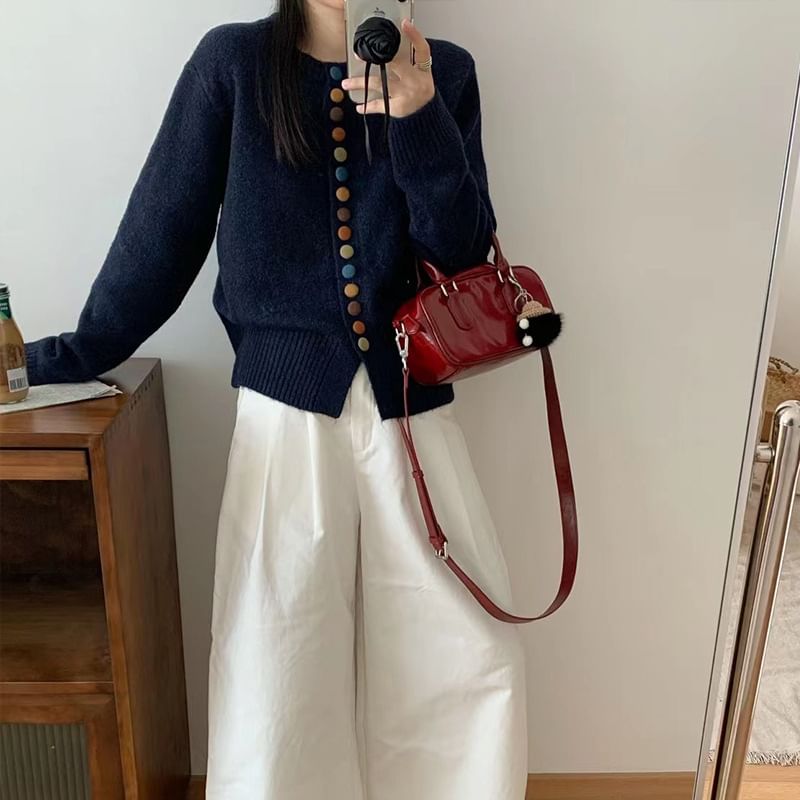 Crewneck Button-Front Knit Cardigan