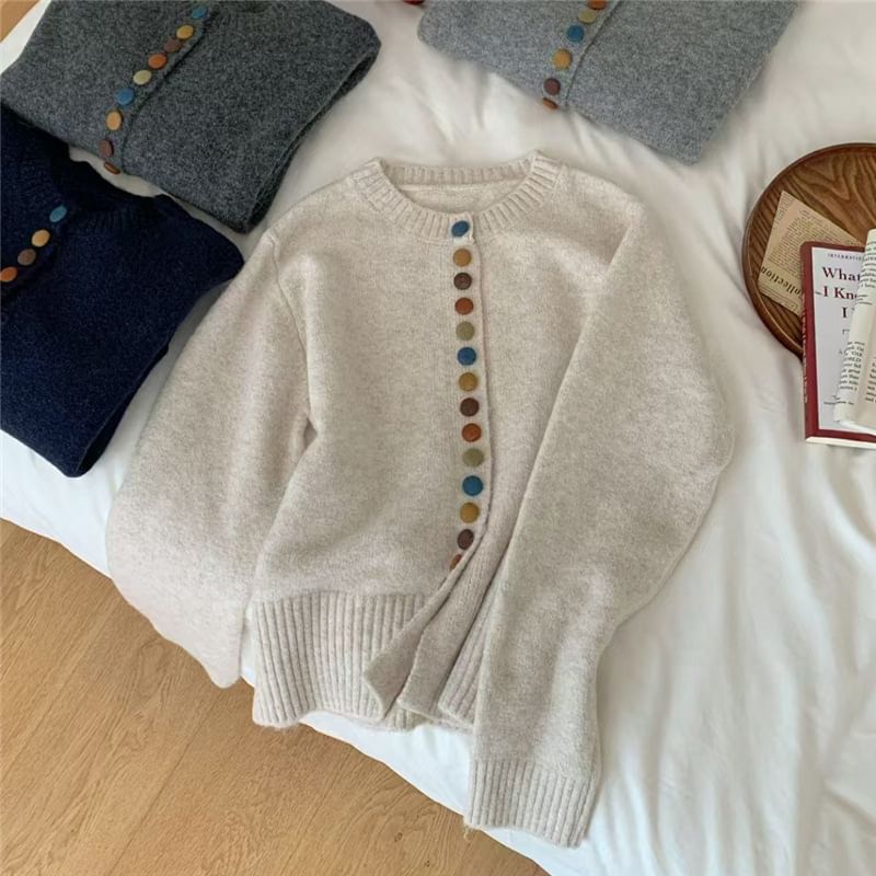 Crewneck Button-Front Knit Cardigan