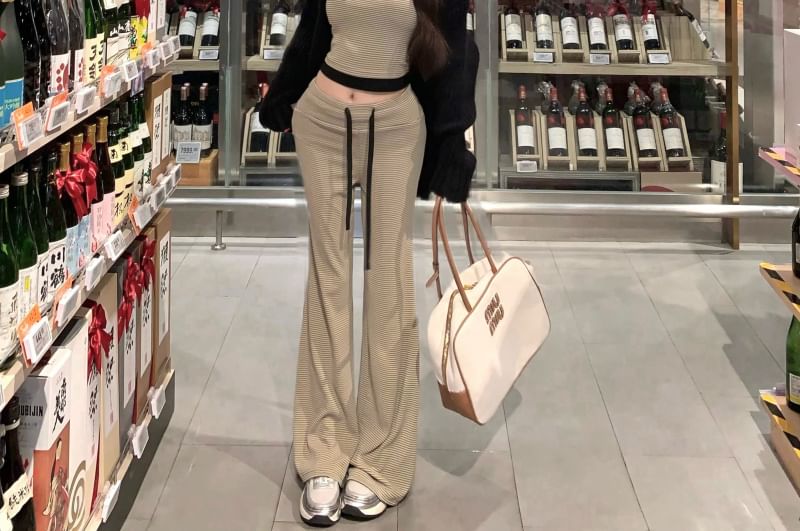 Striped Crop Cami, Flared Pants, and Ribbed Cardigan Set