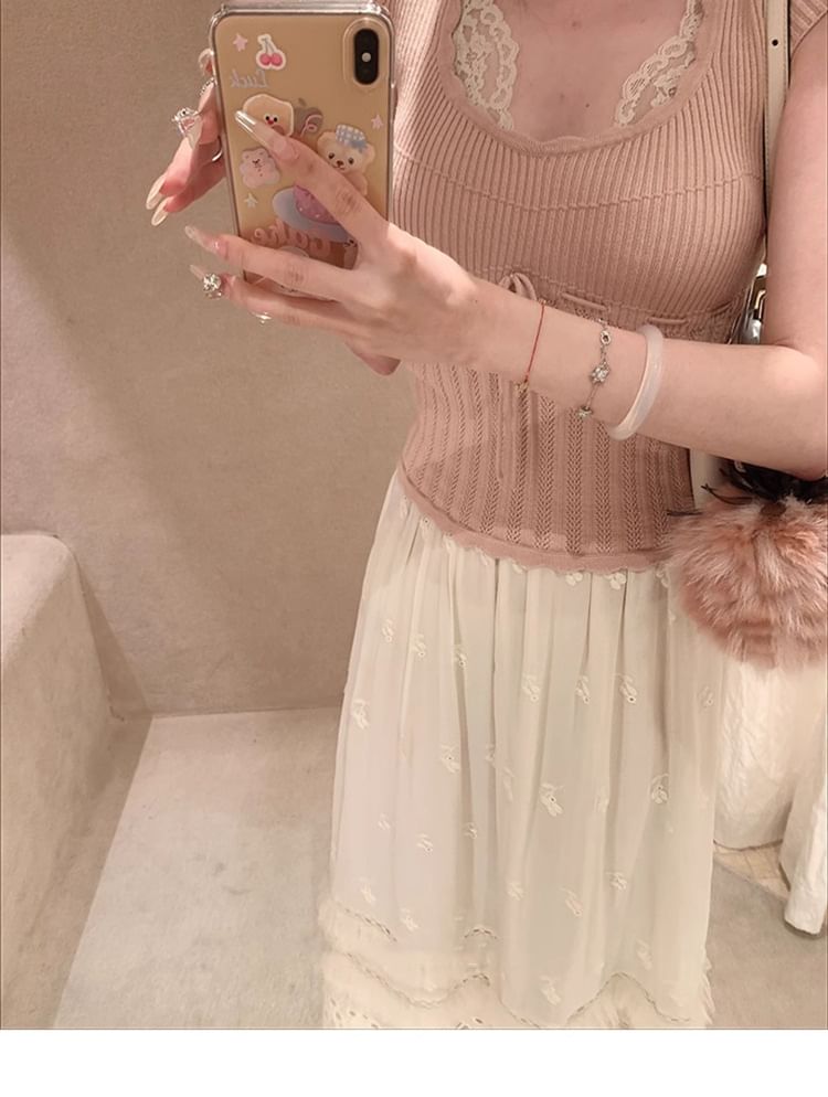 Cap-Sleeve V-Neck Lace Panel Knit Top