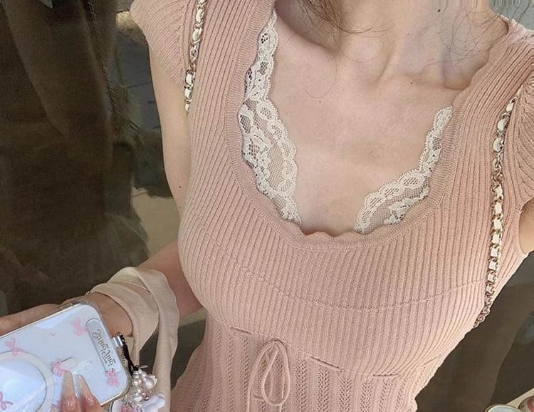 Cap-Sleeve V-Neck Lace Panel Knit Top