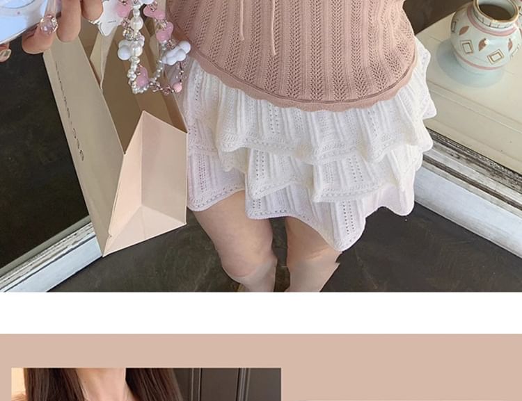 Cap-Sleeve V-Neck Lace Panel Knit Top